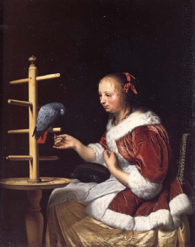 MIERIS, Frans van, the Elder A Woman in a Red Jacket Feeding a Parrot oil painting picture